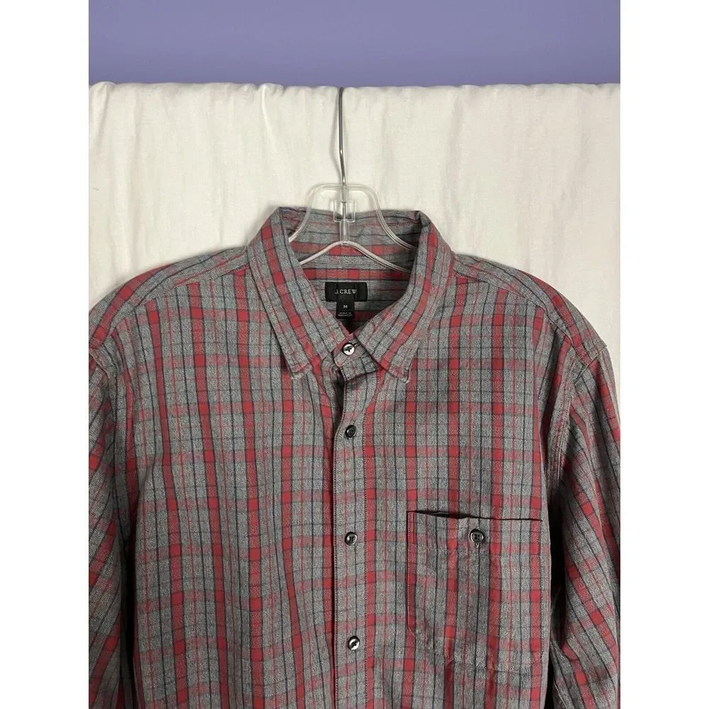 J.Crew Mens Shirt Size M Grey Red Plaid Long Sleeve‎ Button 100% Cotton